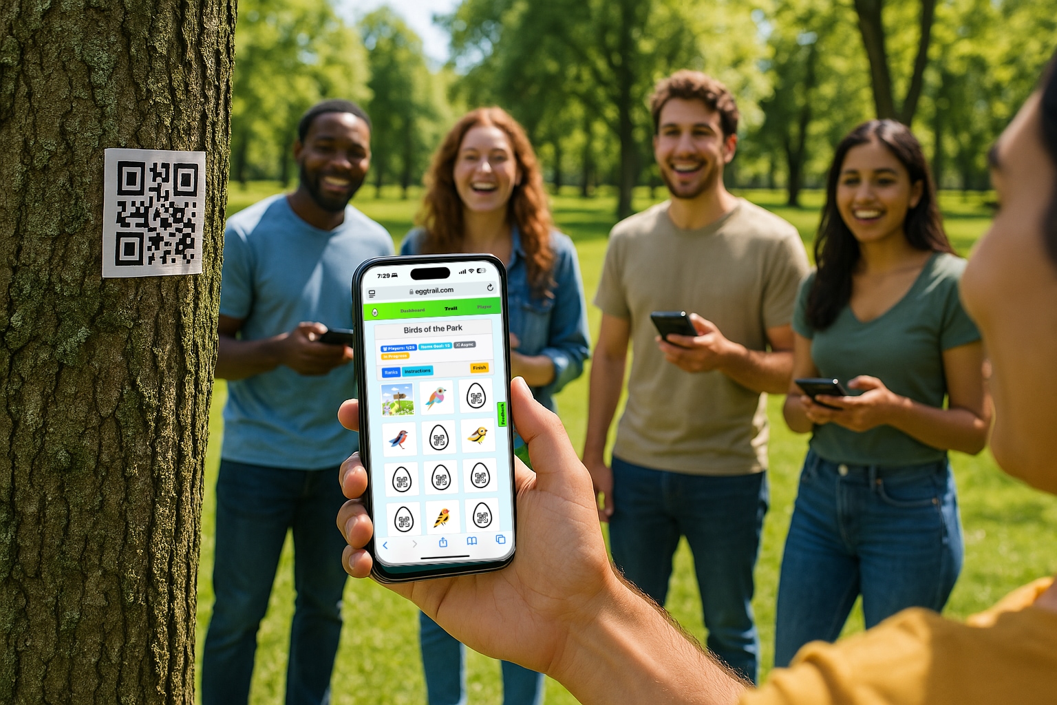 People using Eggtrail QR scavenger hunt outdoors