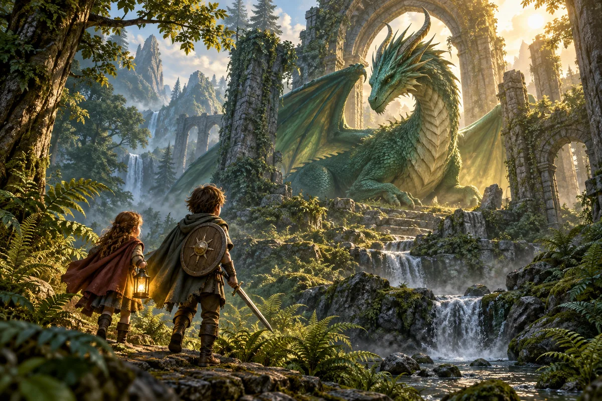 Two adventurers with a sword, shield and lantern face an emerald dragon in a forest ruin.