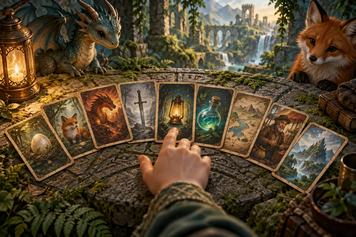 Illustrated adventure cards, treasure and equipment laid out on a woodland table.