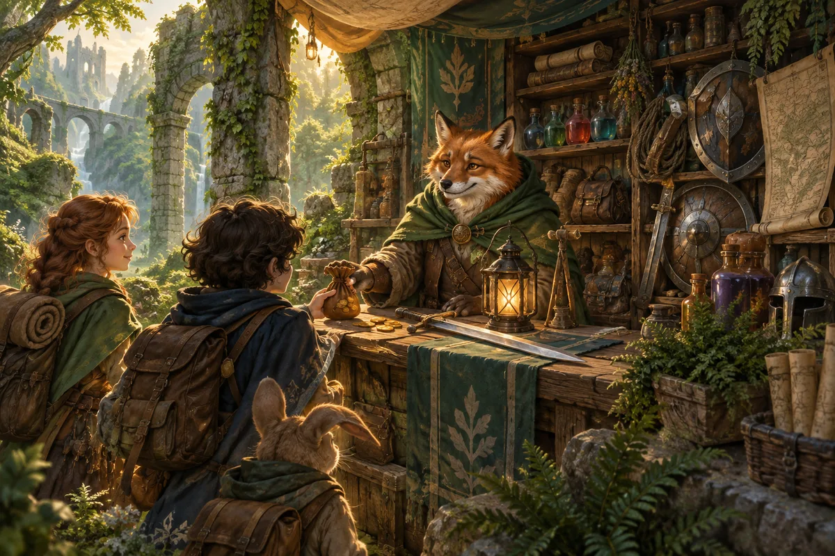 Adventurers trade gold coins for a sword at a fox merchant's stall in the forest ruins.