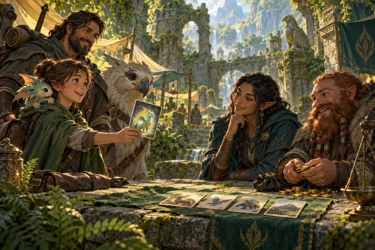Two adventuring teams exchange an illustrated creature card and gold coins at a forest market table.