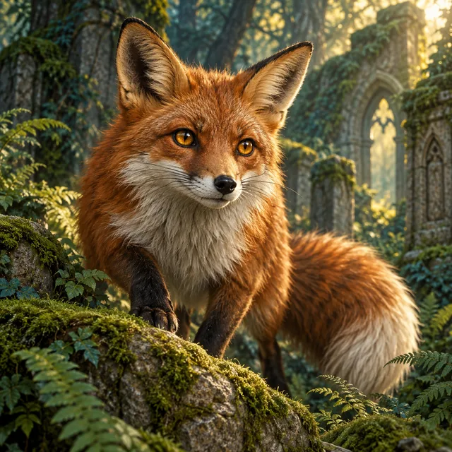 An alert russet fox among ferns and moss-covered forest ruins.