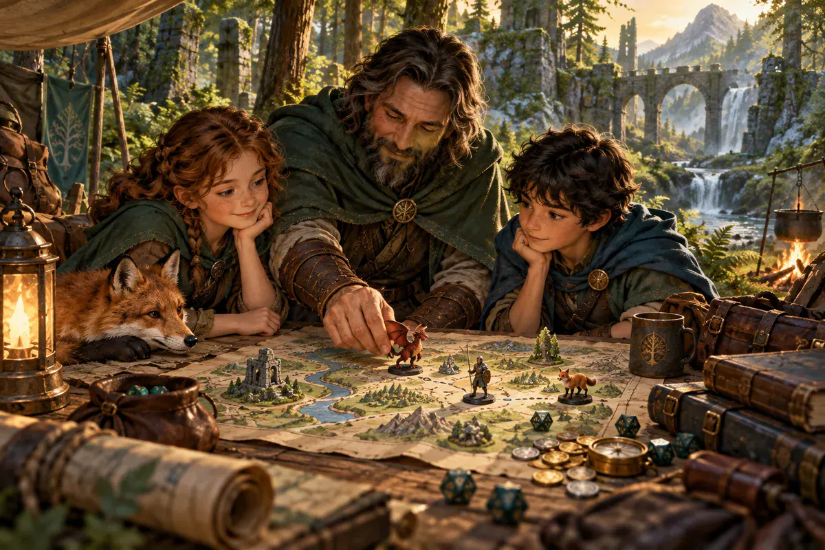 A game master and two adventurers test a trail map with dragon, soldier and fox pieces at a forest camp.