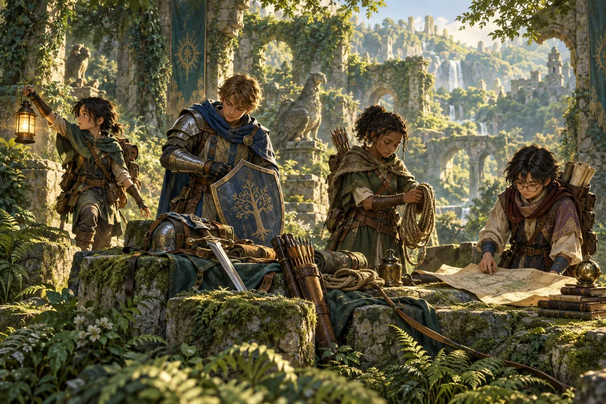 Four adventurers choose a shield, lantern, rope and map together in a forest ruin.