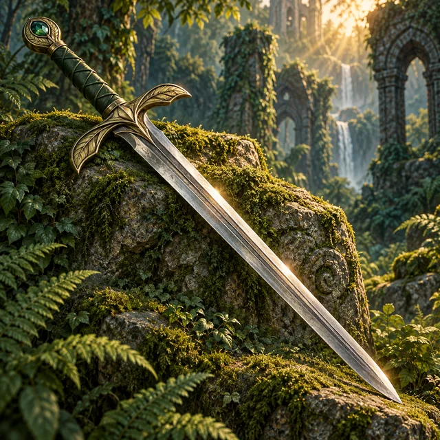 A steel sword with a green grip and leaf-shaped guard resting on a mossy stone.