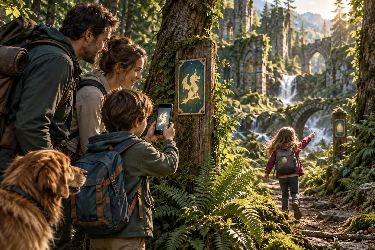 A family scans a fantasy trail marker with a phone while a child finds the next marker in the forest.