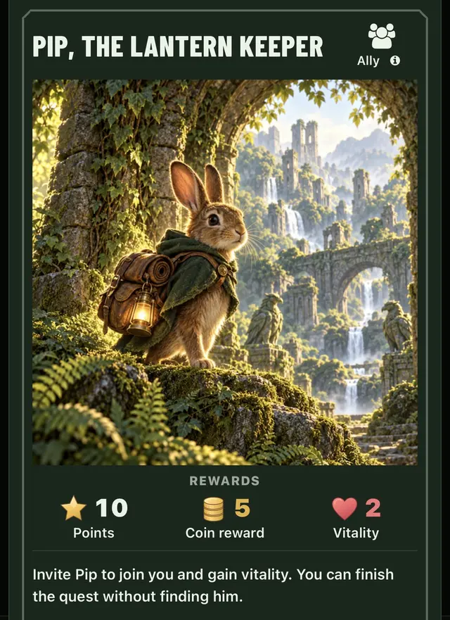 Pip the rabbit's ally card, with the points, coins and vitality he gives and a note that the quest can finish without him.