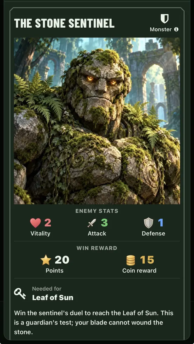 The Stone Sentinel's monster card: its vitality, attack and defense, the points and coins a win pays, and the Leaf of Sun it guards.