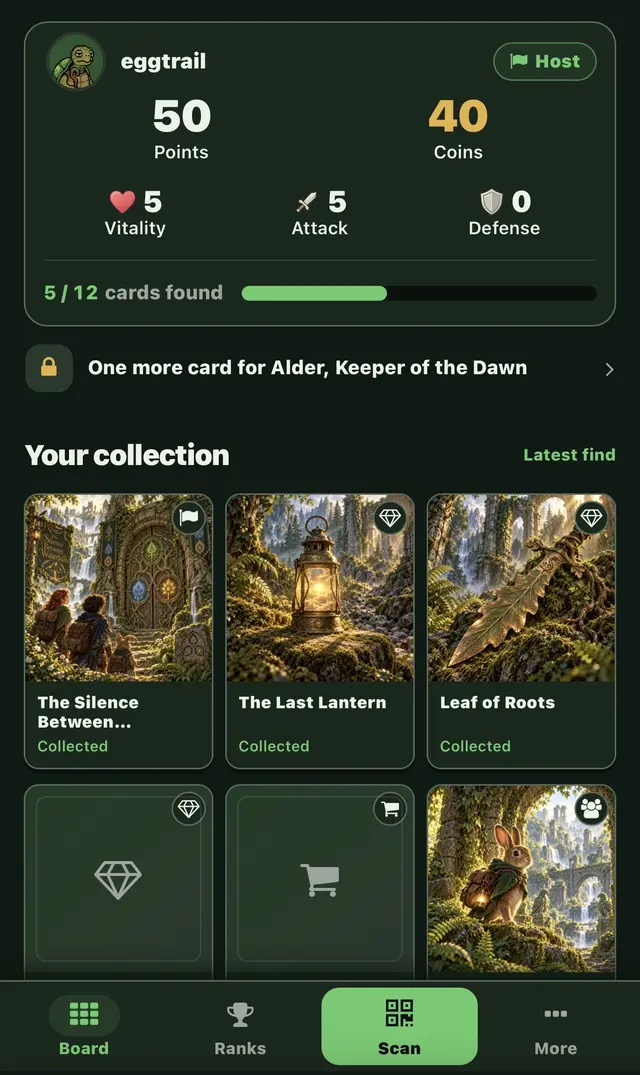 An Eggtrail board: the team panel with points, coins, vitality, attack, defense and cards found, the next step of the quest, the collection, and a bar at the bottom with Scan.